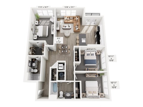 The Seam floor plan at Contrast OTR in Cincinnati’s Over-the-Rhine is a three-bedroom, two-bath with open living, modern kitchen, and in-unit laundry—perfect for spacious downtown living near TQL Stadium